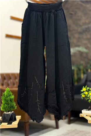 Paça Tüy Nakışlı Bol Paça Keten Pantolon