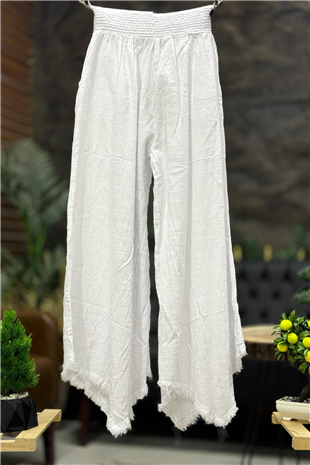 Paça Tüy Nakışlı Bol Paça Keten Pantolon