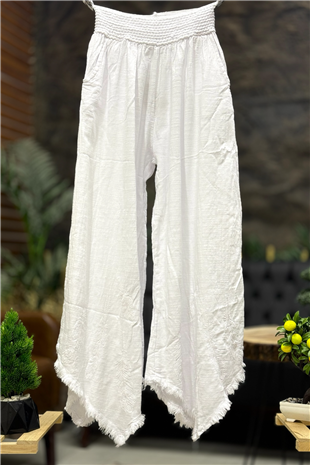 Paça Tüy Nakışlı Bol Paça Keten Pantolon