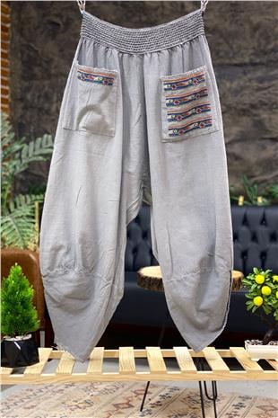 Paça V Kesim Cepleri Nakışlı Keten Pantolon