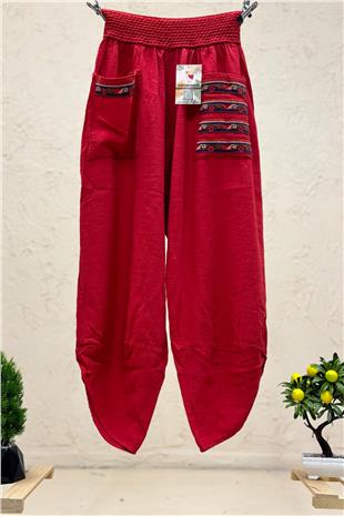 Paça V Kesim Cepleri Nakışlı Keten Pantolon