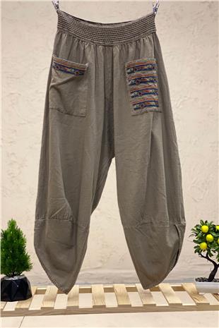 Paça V Kesim Cepleri Nakışlı Keten Pantolon