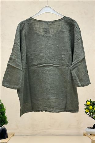 Papatya Pullu Kapri Kol Salaş Keten Bluz