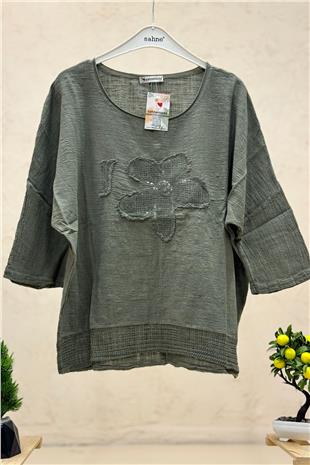 Papatya Pullu Kapri Kol Salaş Keten Bluz