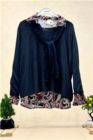 Şal Desen Gömlekli Fularlı İkili İthal Bluz