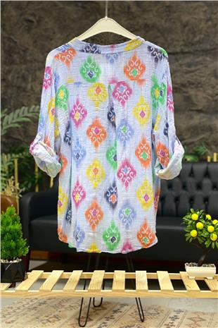 Ceramic Pattern Prevailing Collar Capri Sleeve Linen Blouse