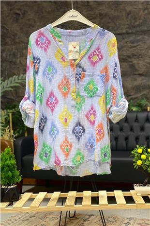 Ceramic Pattern Prevailing Collar Capri Sleeve Linen Blouse