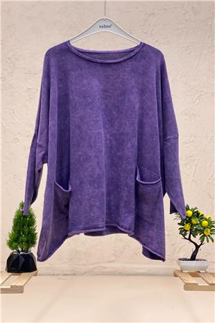 Sıfır Yaka Cepli Oversize Otantik Yıkamalı Pamuk Kazak