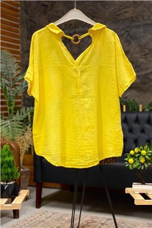 Shabby Linen Blouse with Back Wooden Loop Collar