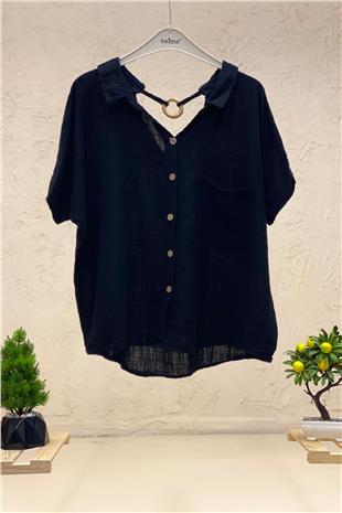 Shabby Linen Blouse with Back Wooden Loop Collar