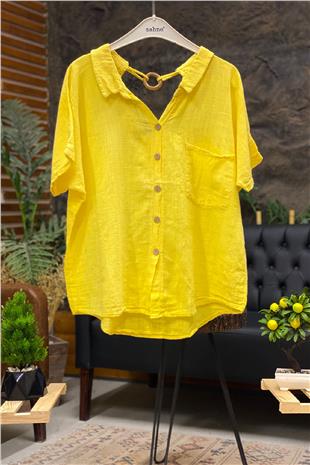 Shabby Linen Blouse with Back Wooden Loop Collar