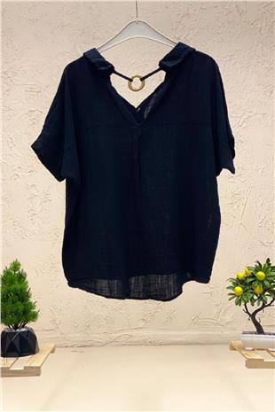 Shabby Linen Blouse with Back Wooden Loop Collar