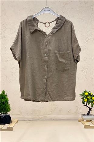 Shabby Linen Blouse with Back Wooden Loop Collar