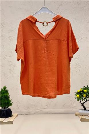 Shabby Linen Blouse with Back Wooden Loop Collar