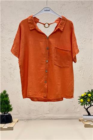 Shabby Linen Blouse with Back Wooden Loop Collar