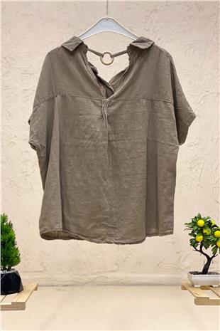 Shabby Linen Blouse with Back Wooden Loop Collar