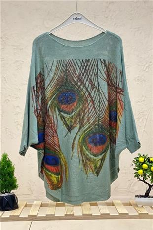 Peacock Print Pocket Bat Mercerized Blouse