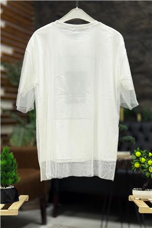 Tüllü Varak Baskı Oversize Tshirt