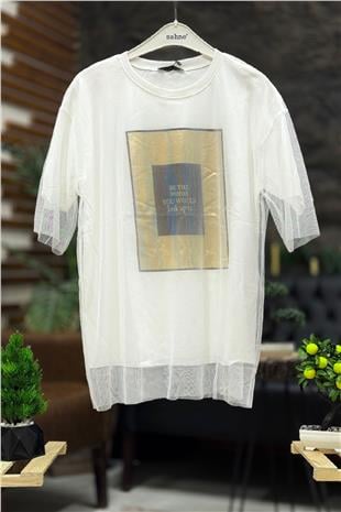 Tüllü Varak Baskı Oversize Tshirt