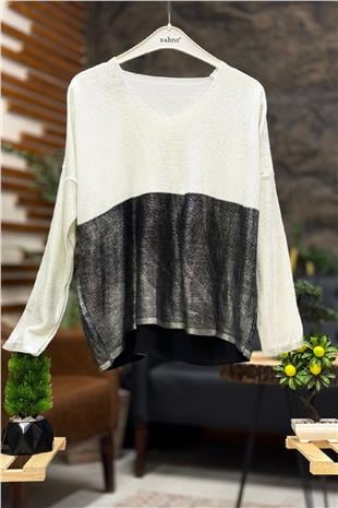 V-Neck Two Color Long Sleeve Foil Knit Sweater