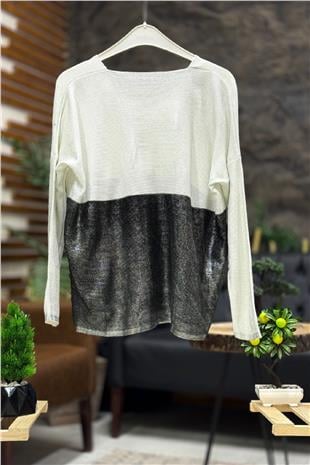 V-Neck Two Color Long Sleeve Foil Knit Sweater