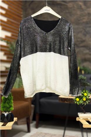 V-Neck Two Color Long Sleeve Foil Knit Sweater