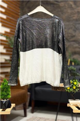 V-Neck Two Color Long Sleeve Foil Knit Sweater
