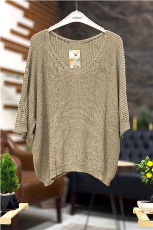 V Yaka Selanik Örgü Merserize Salaş Oversize Bluz