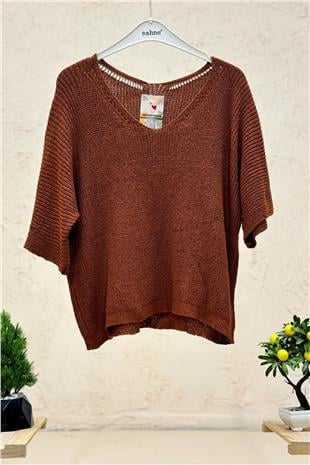 V Yaka Selanik Örgü Merserize Salaş Oversize Bluz