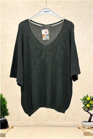 V Yaka Selanik Örgü Merserize Salaş Oversize Bluz