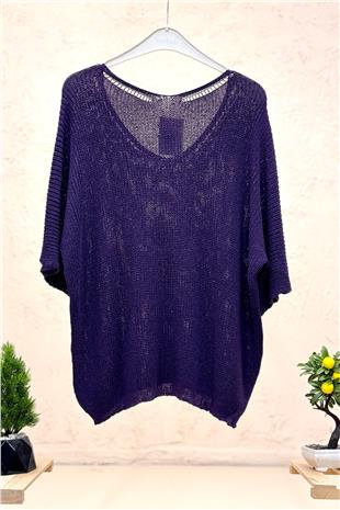 V Yaka Selanik Örgü Merserize Salaş Oversize Bluz