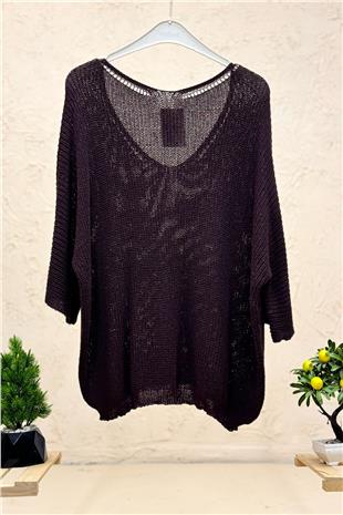 V Yaka Selanik Örgü Merserize Salaş Oversize Bluz