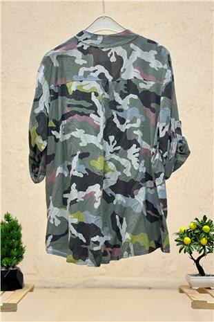 Yaka Pullu Hakim Yaka Düğmeli Kamuflaj Gömlek