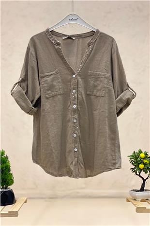 Linen judge collar shirt with sequins on collar and button place