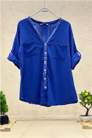 Linen judge collar shirt with sequins on collar and button place