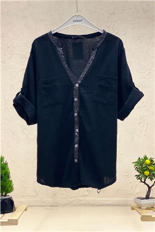 Linen judge collar shirt with sequins on collar and button place