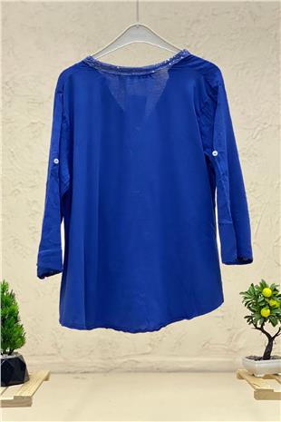 Linen judge collar shirt with sequins on collar and button place