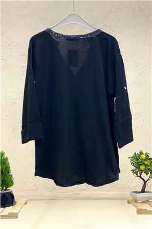 Linen judge collar shirt with sequins on collar and button place