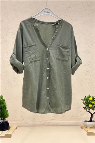 Linen judge collar shirt with sequins on collar and button place