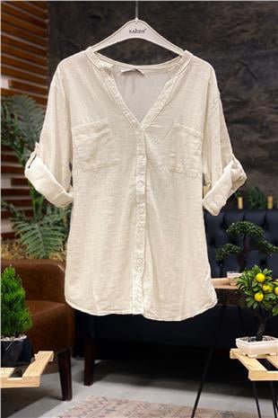 Linen judge collar shirt with sequins on collar and button place