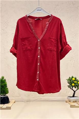 Linen judge collar shirt with sequins on collar and button place