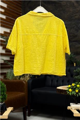 Yakalı Cepli Kısa Keten Gömlek