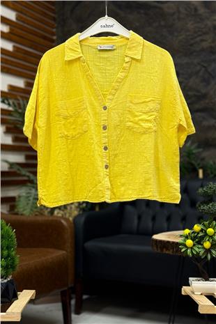 Yakalı Cepli Kısa Keten Gömlek