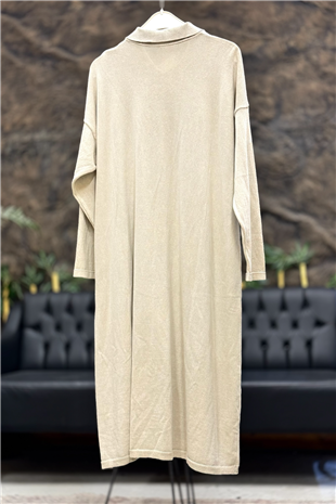 Yakalı Düğmeli Cepli Organik Uzun Hırka