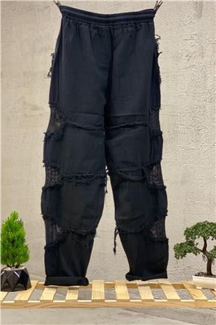 Linen Pants with Tassels with Side Mesh