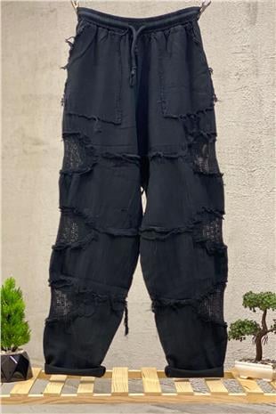 Linen Pants with Tassels with Side Mesh