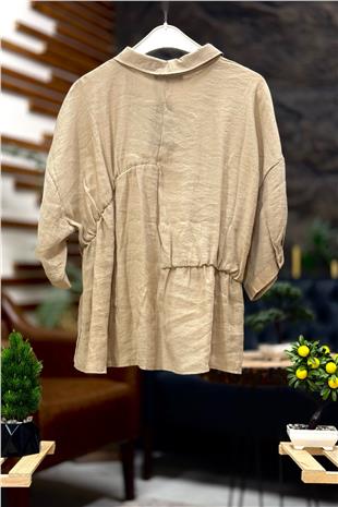 Yan Lastik Büzgülü Oversize Kısa Kol Salaş Gömlek