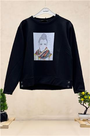 Yanları Çıtçıtlı Kız Baskılı Uzun Kol Sweat