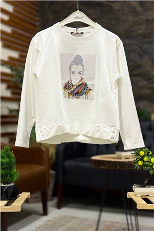 Yanları Çıtçıtlı Kız Baskılı Uzun Kol Sweat