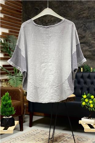 Oval Cut Linen Blouse with Mesh on the Sides
